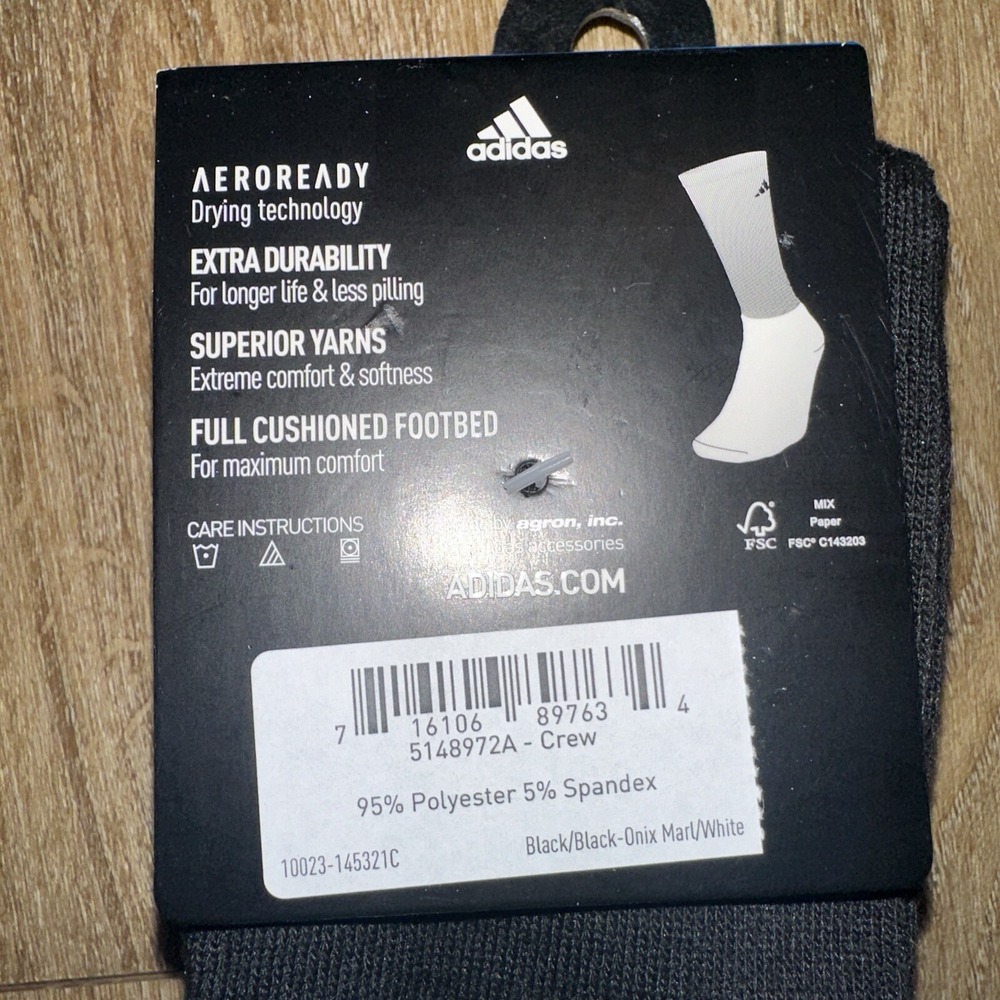 ADIDAS Mens Socks Crew Aeroready Drying 3 Pair Shoe Size 6-12 Black - Picture 4 of 4